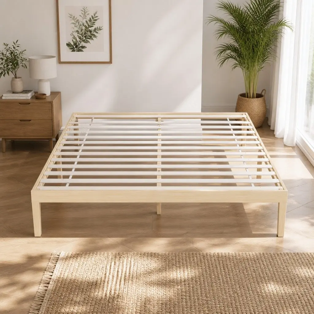 King Size Wooden Bed Frame Pine Slatted Base Minimalist Platform Bedroom