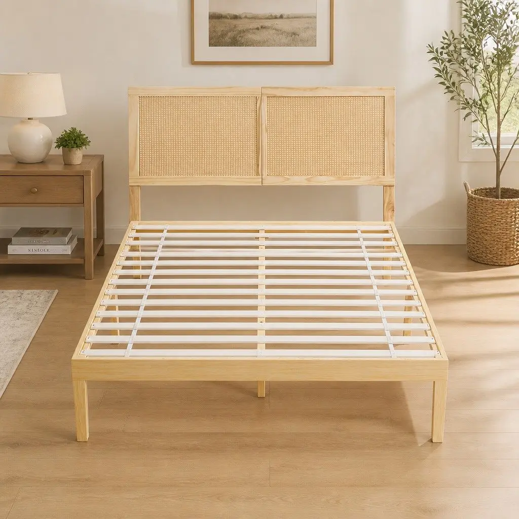 Pine Double Bed Frame with Rattan Headboard