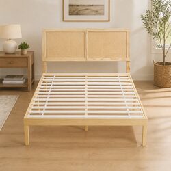 Pine Double Bed Frame with Rattan Headboard