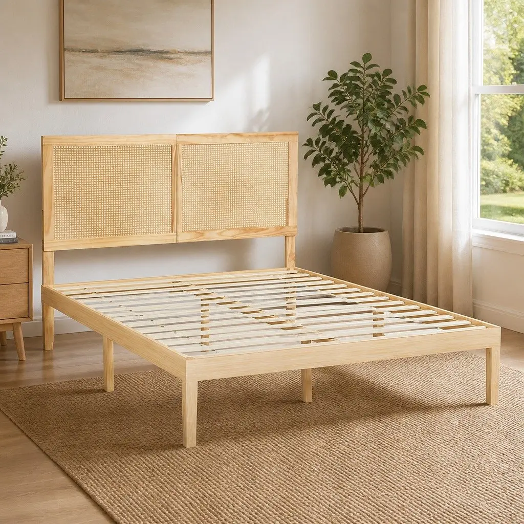 Pine Double Bed Frame with Rattan Headboard