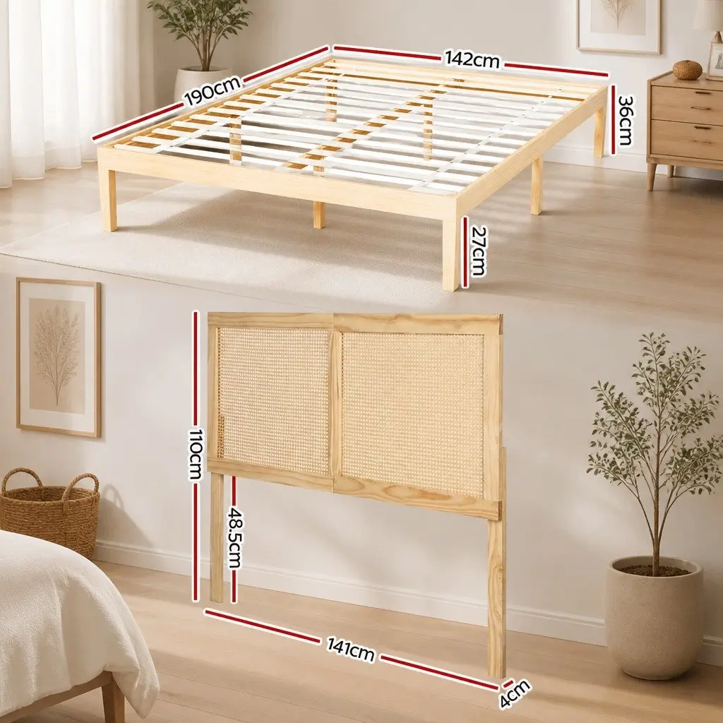 Pine Double Bed Frame with Rattan Headboard