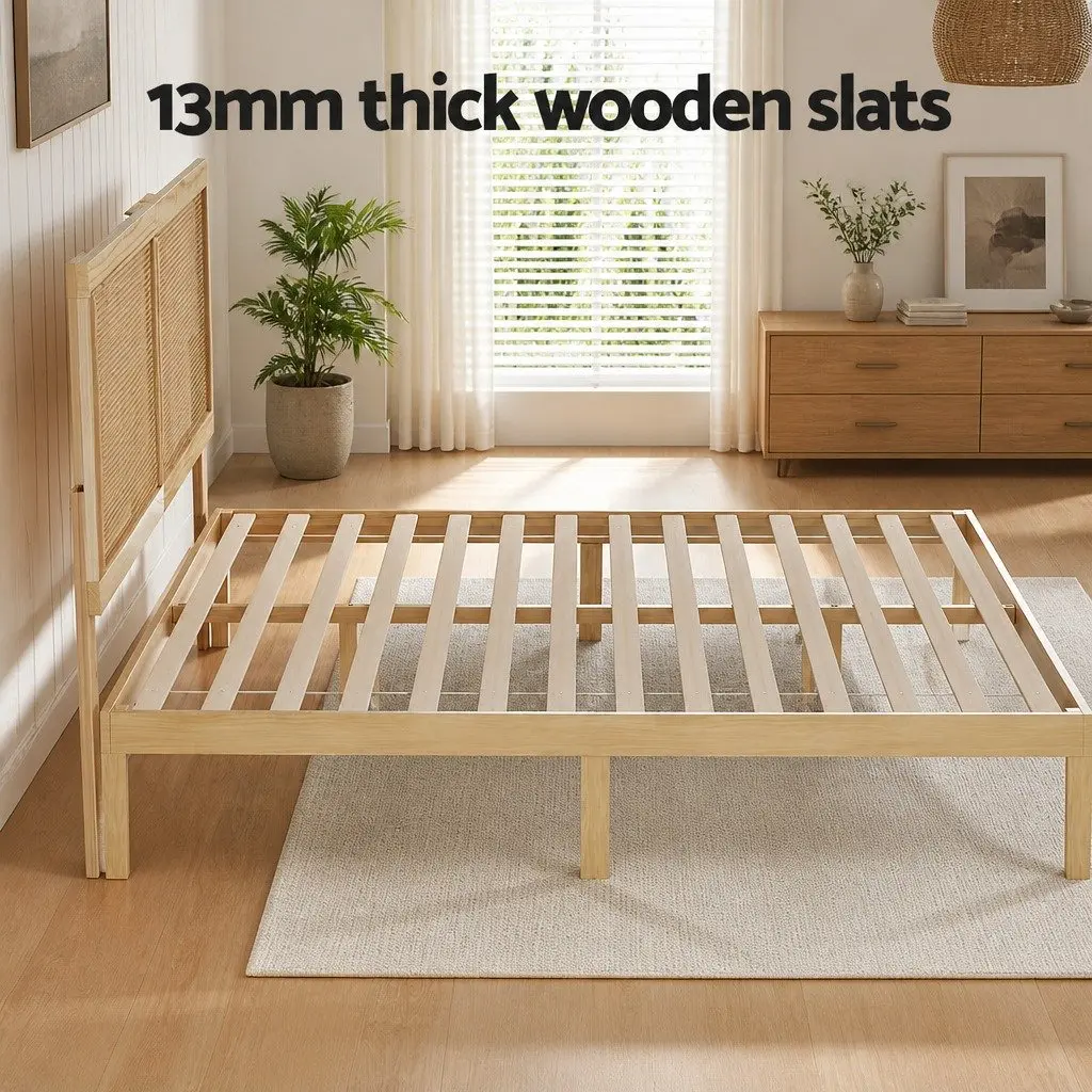 Pine Double Bed Frame with Rattan Headboard