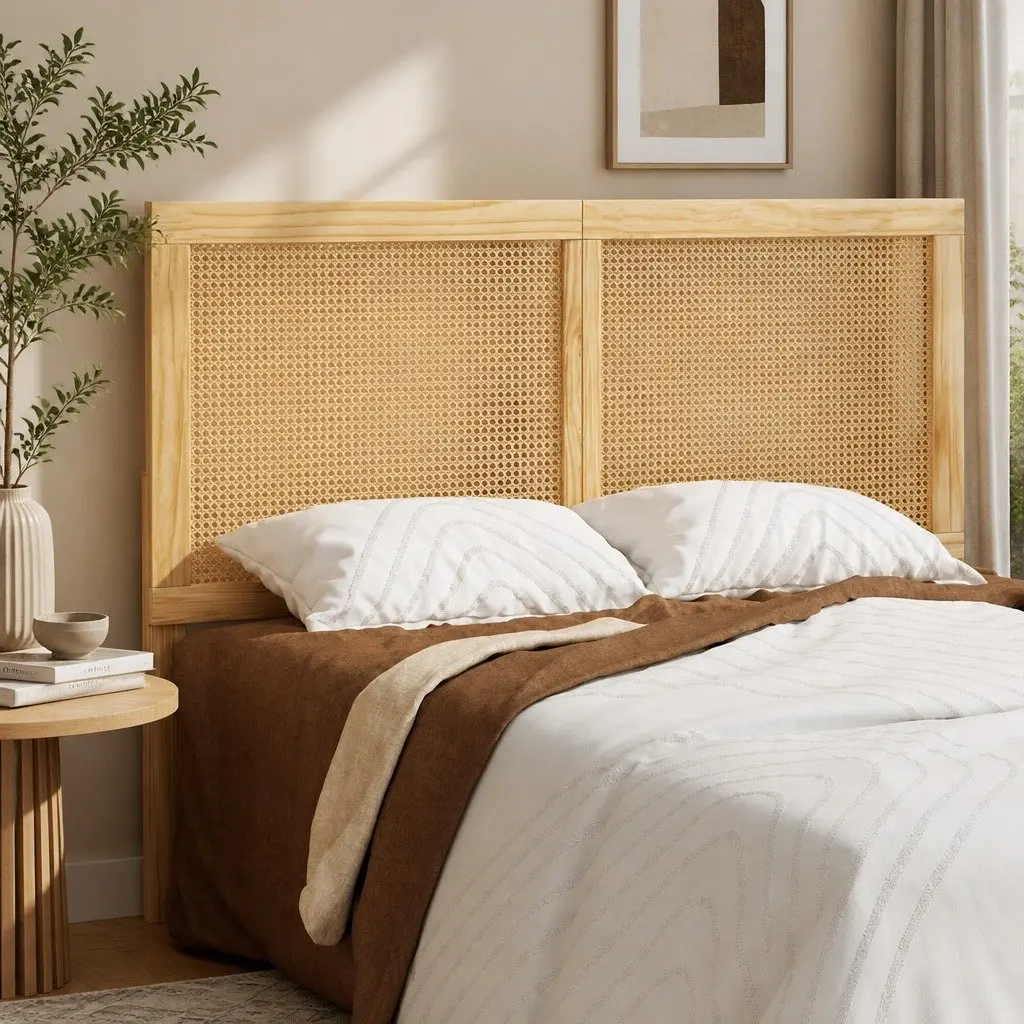Pine Double Bed Frame with Rattan Headboard