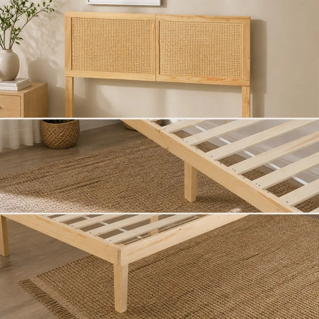 Pine Double Bed Frame with Rattan Headboard