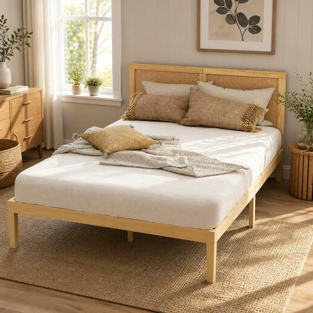 Pine Double Bed Frame with Rattan Headboard