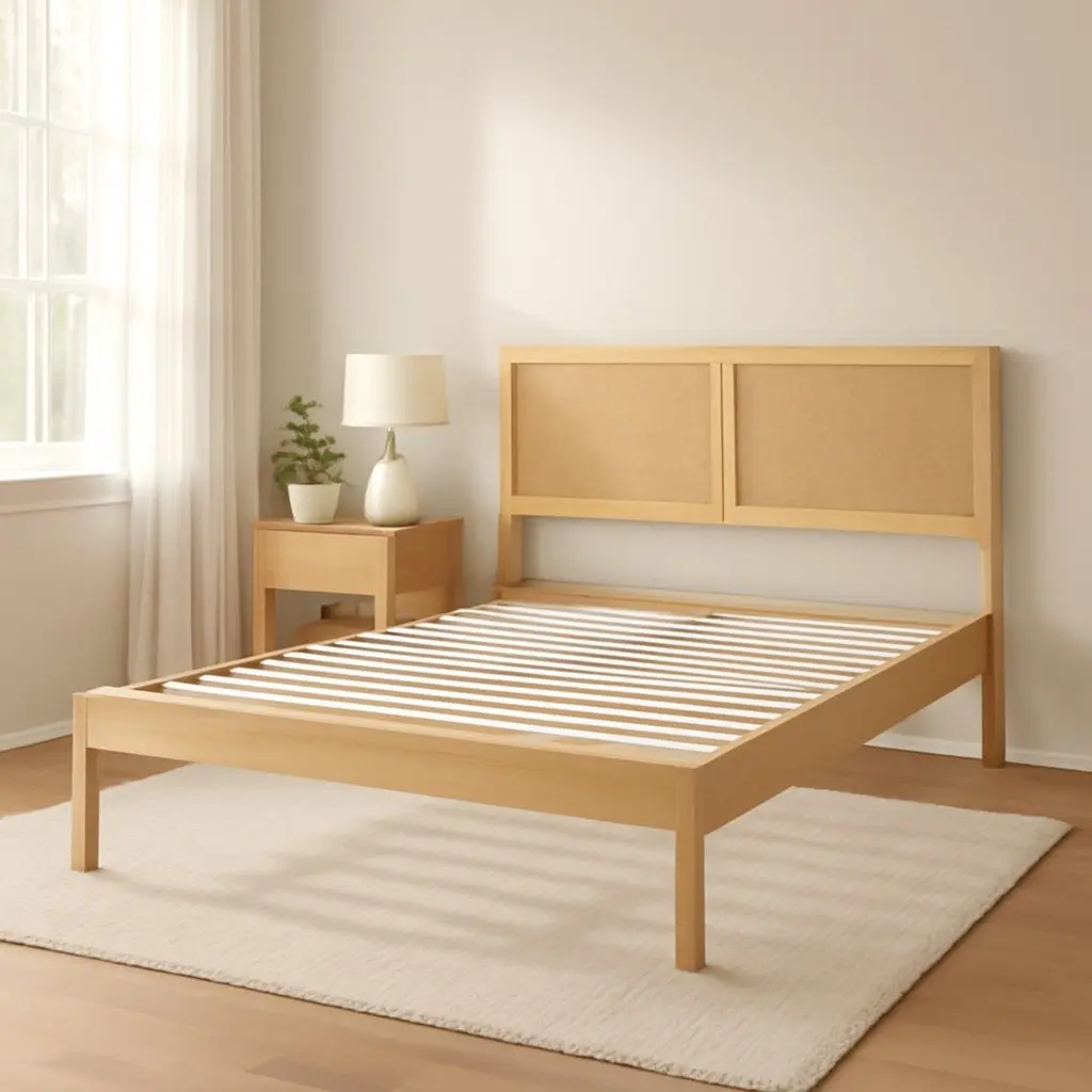Pine Oak Queen Bed Frame with Rattan Headboard