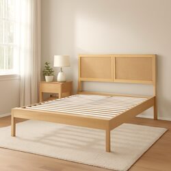 Pine Oak Queen Bed Frame with Rattan Headboard