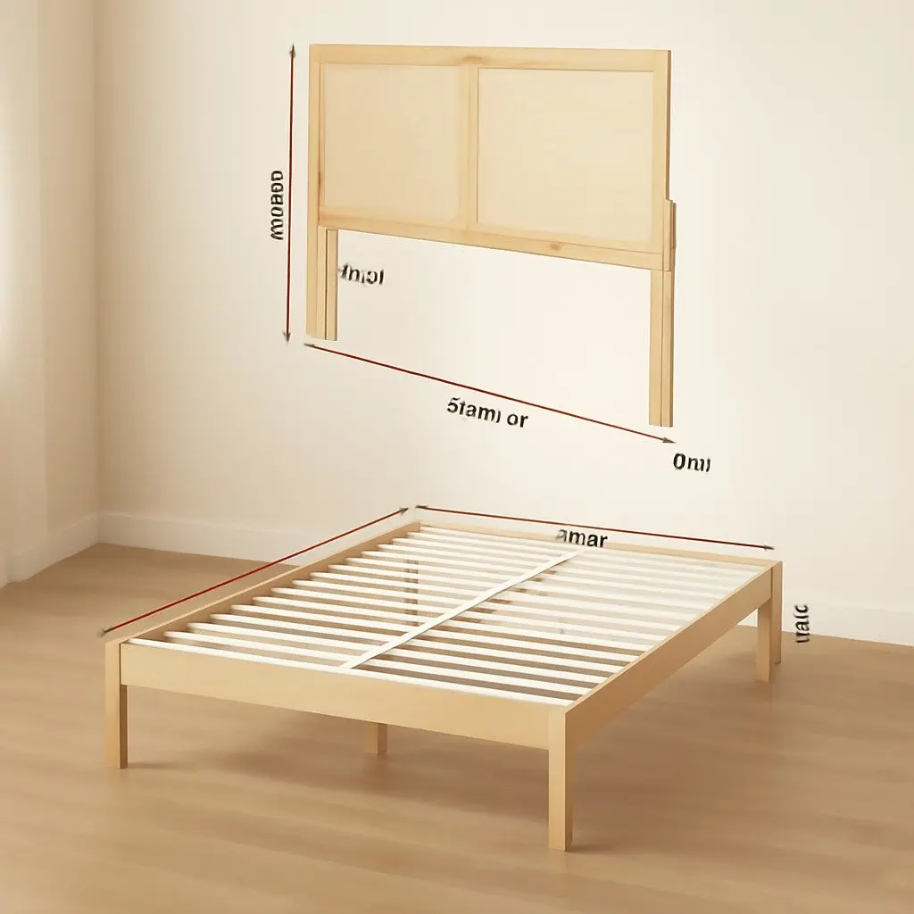 Pine Oak Queen Bed Frame with Rattan Headboard