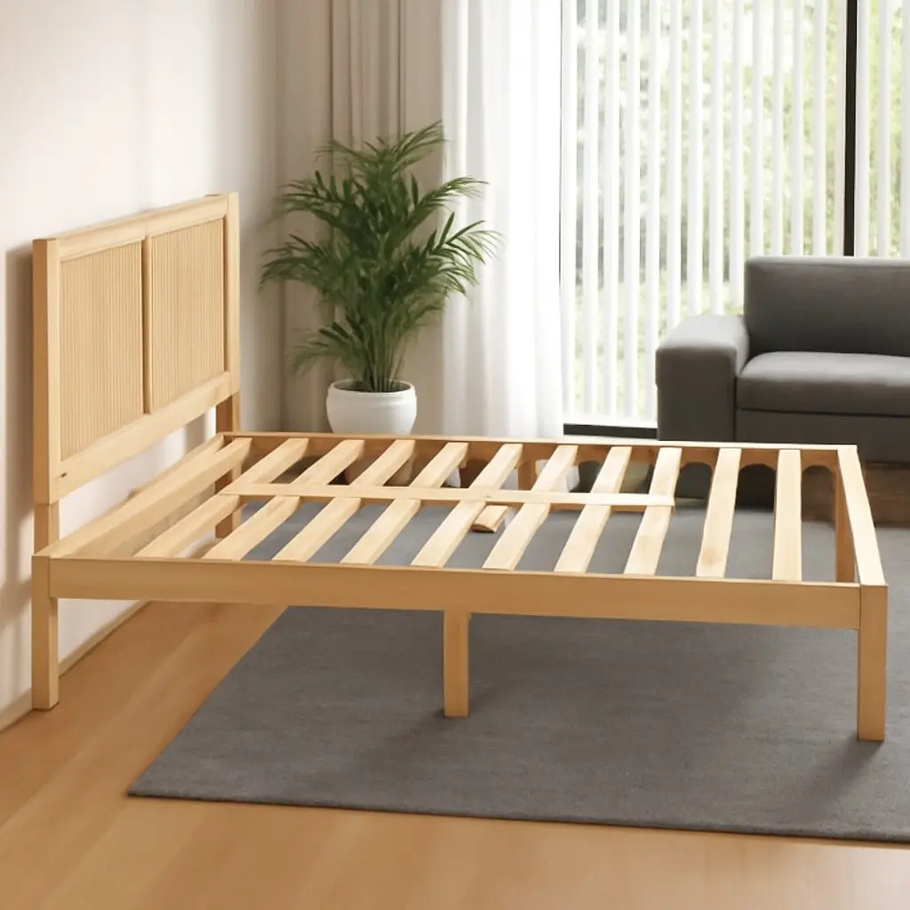 Pine Oak Queen Bed Frame with Rattan Headboard