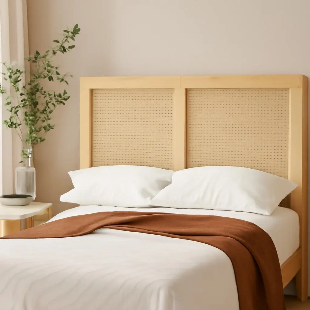 Pine Oak Queen Bed Frame with Rattan Headboard