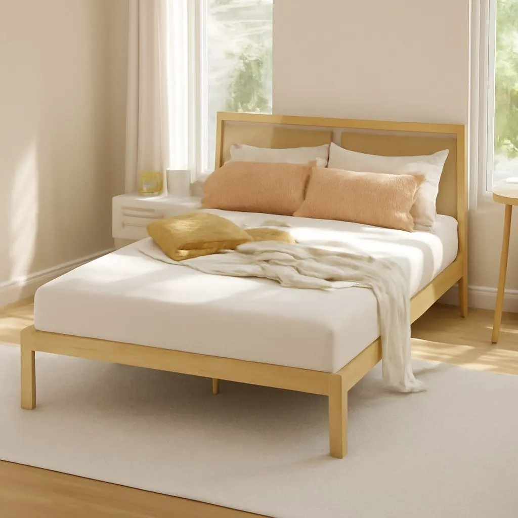 Pine Oak Queen Bed Frame with Rattan Headboard