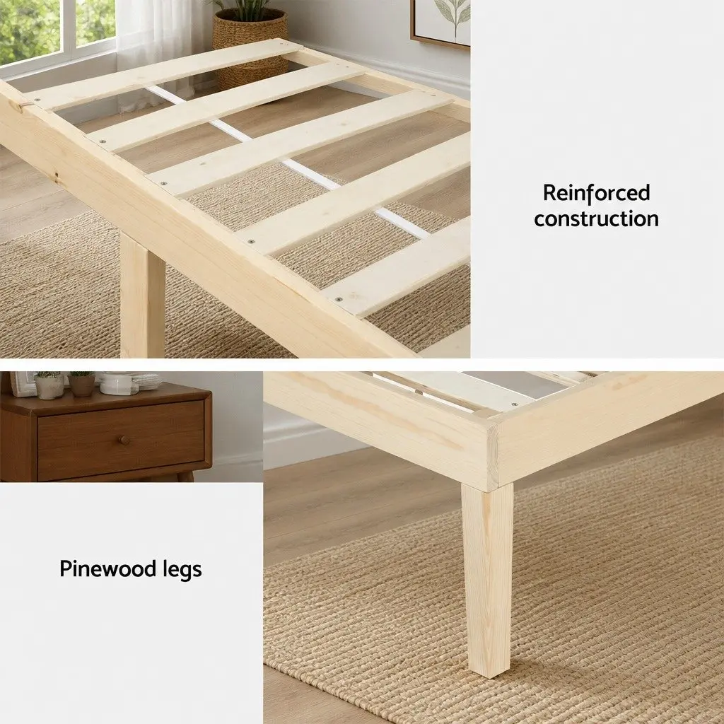 Single Bed Frame Wooden Base Pinewood Slatted Mattress Platform Easy Assembly 190 x 96 x 36 cm