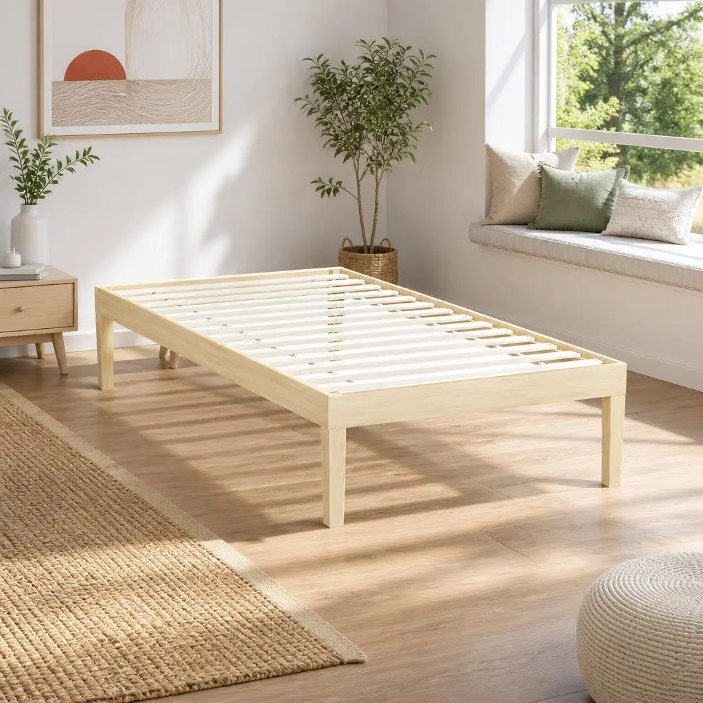 Single Bed Frame Wooden Base Pinewood Slatted Mattress Platform Easy Assembly 190 x 96 x 36 cm