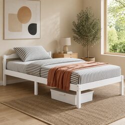 White Wooden King Single Bed Frame with Storage Option
