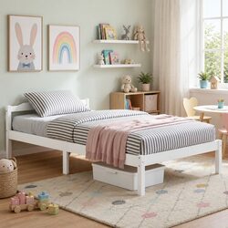 White Wooden Single Bed Frame with Headboard