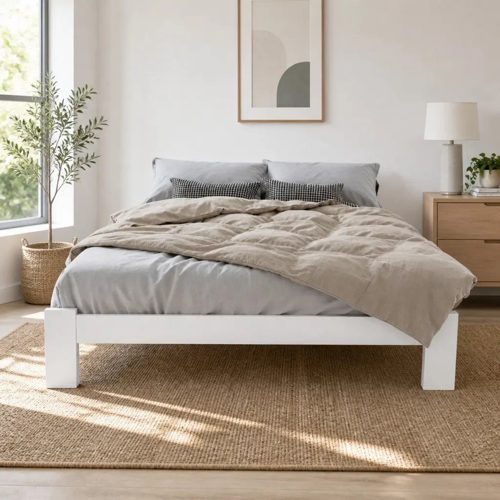 White Wooden Double Bed Frame with Storage