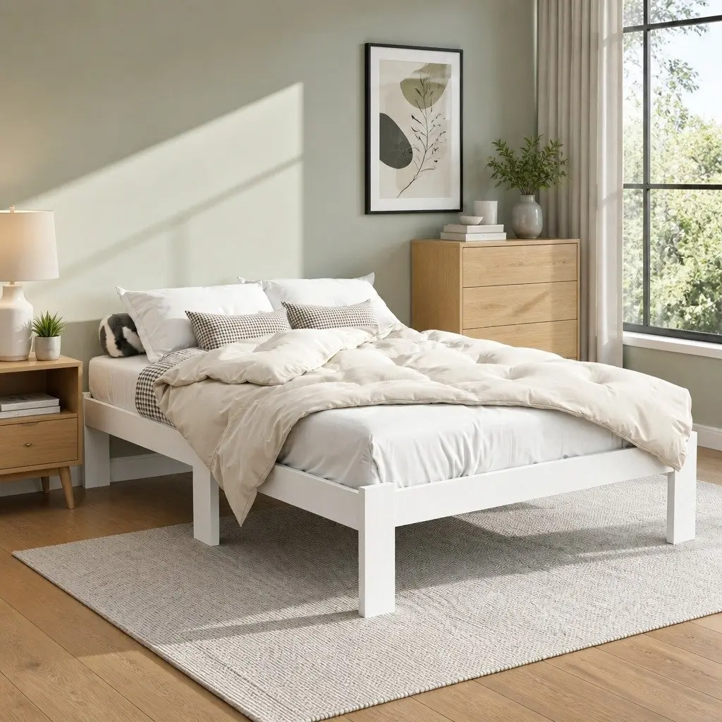 White Wooden Double Bed Frame with Storage