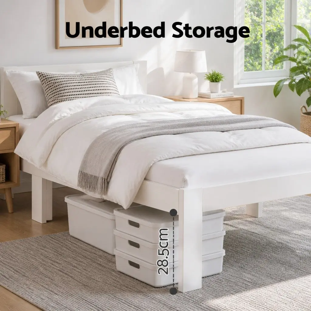 White Wooden Double Bed Frame with Storage