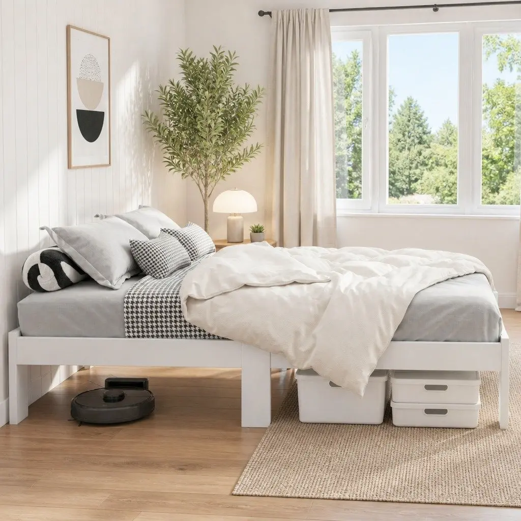 White Wooden Double Bed Frame with Storage
