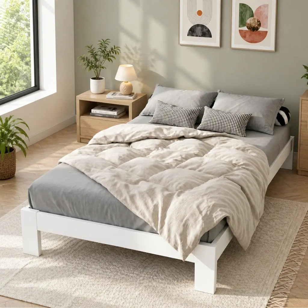 White Wooden Double Bed Frame with Storage