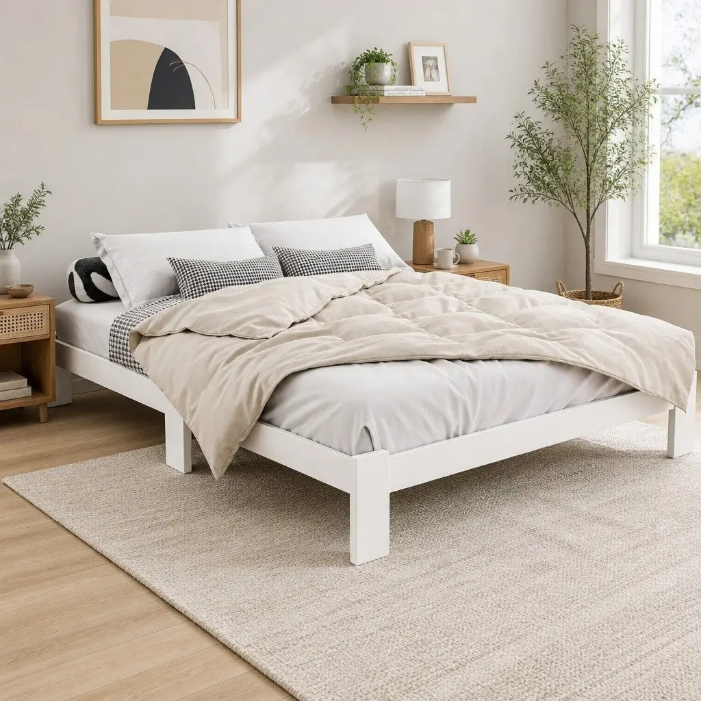 White Wooden Double Bed Frame with Storage