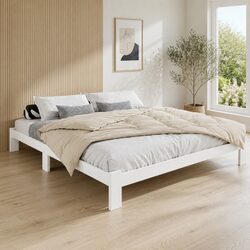 Queen Size Solid Pine Bed Frame with Storage in White