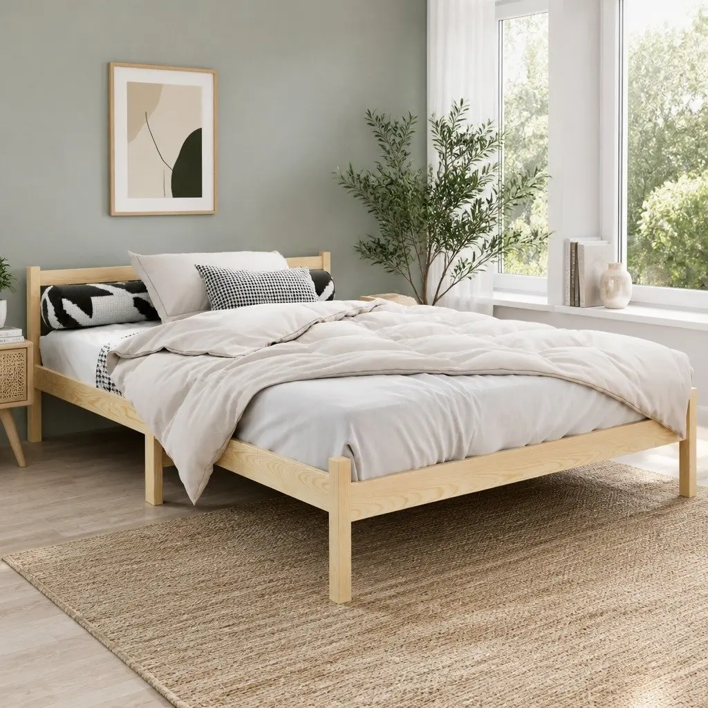 Double Bed Frame in Pine Wood with Storage