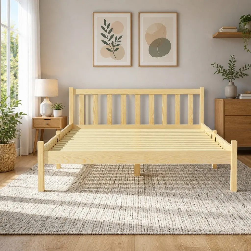 Double Bed Frame in Pine Wood with Storage