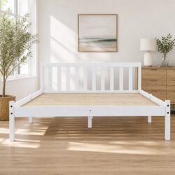 Stylish Queen Size Bed Frame in White Solid Pine