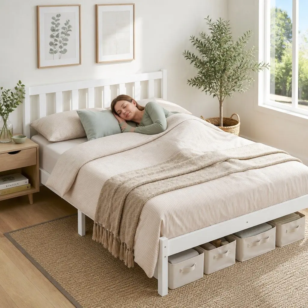Queen Size Bed Frame in White Solid Pine