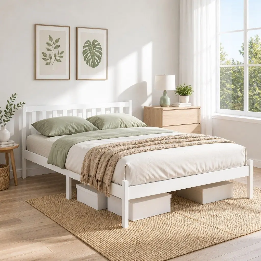 Queen Size Bed Frame in White Solid Pine