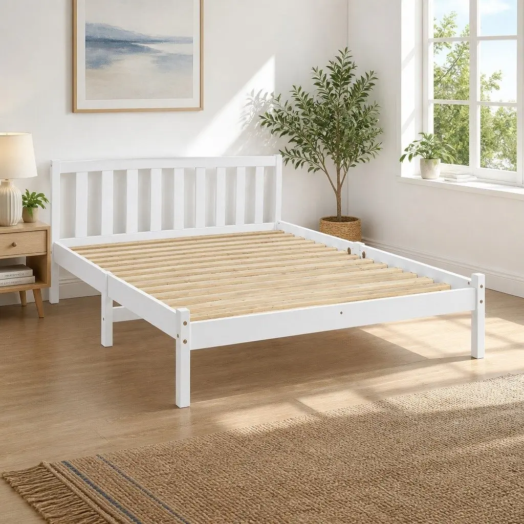 Queen Size Bed Frame in White Solid Pine