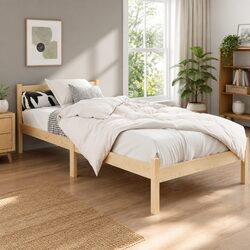 Single Pine Wood Bed Frame with Storage Headboard