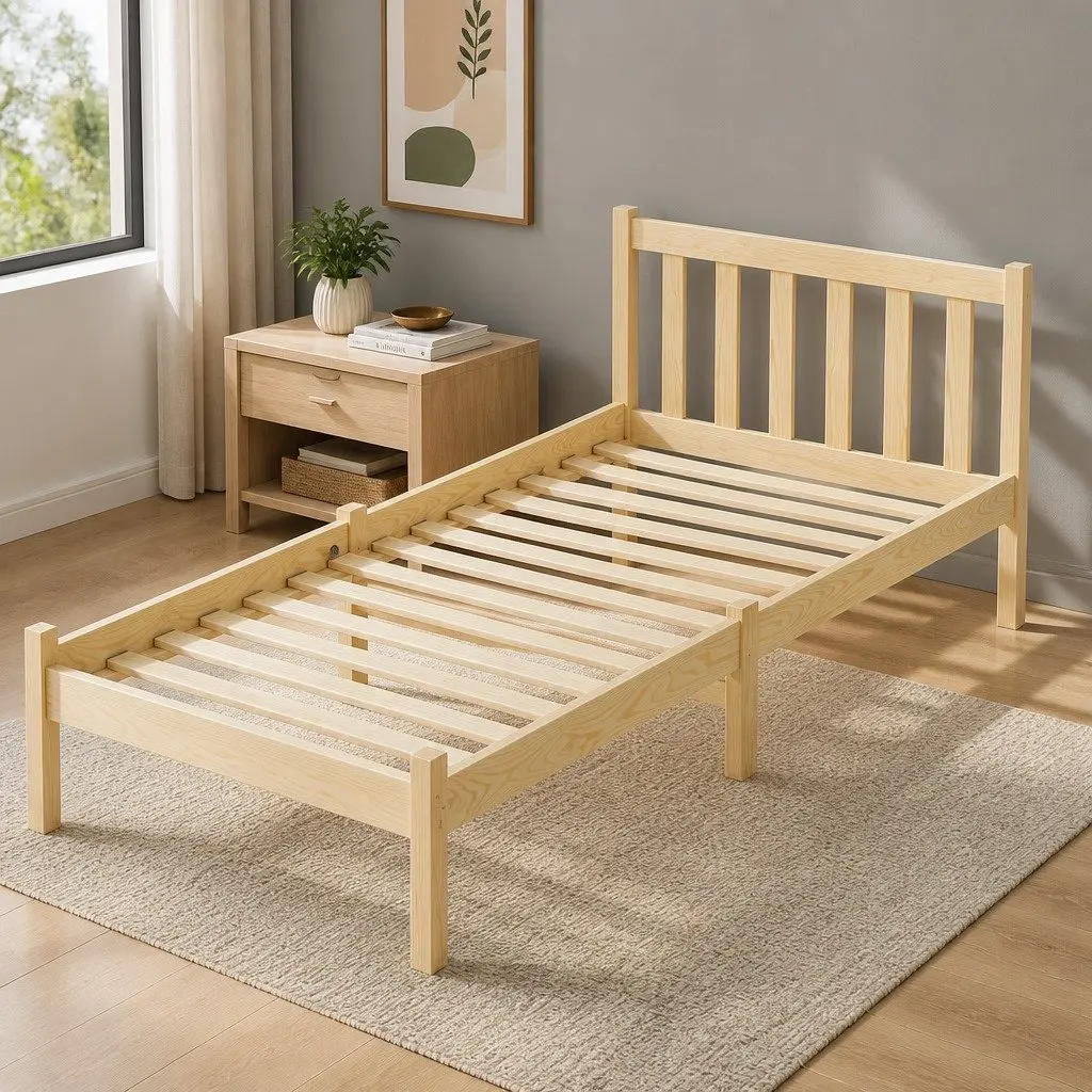 Single Pine Wood Bed Frame with Storage Headboard