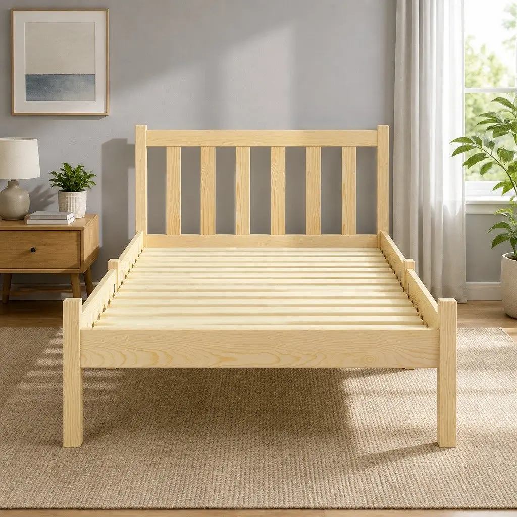Single Pine Wood Bed Frame with Storage Headboard