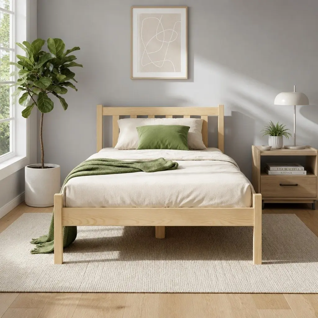 Single Pine Wood Bed Frame with Storage Headboard
