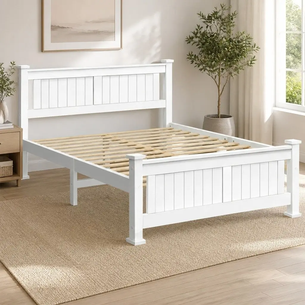 Wooden Double Bed Frame with White Finish and Slat Base