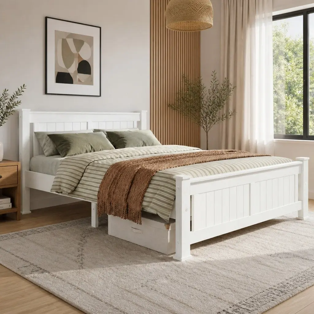 Wooden Double Bed Frame with White Finish and Slat Base