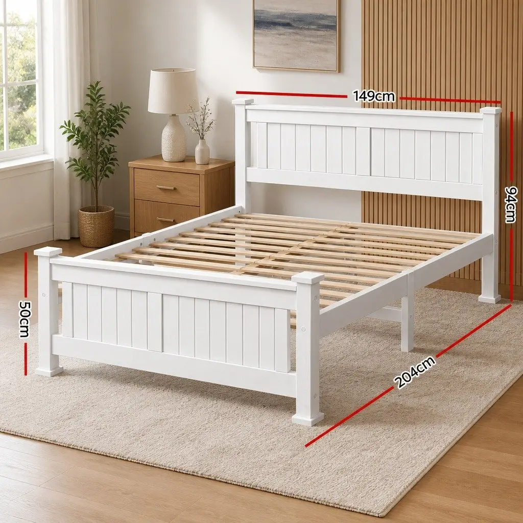 Wooden Double Bed Frame with White Finish and Slat Base