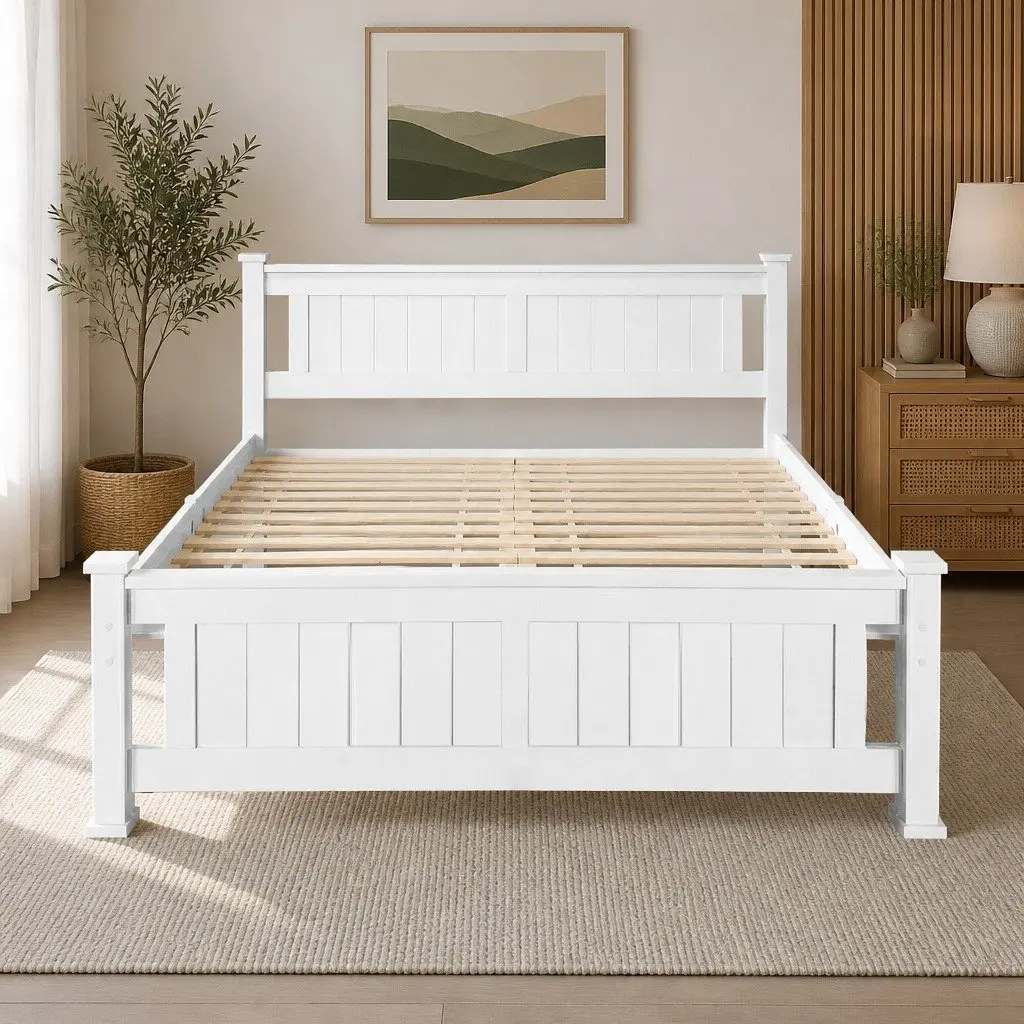 Wooden Double Bed Frame with White Finish and Slat Base