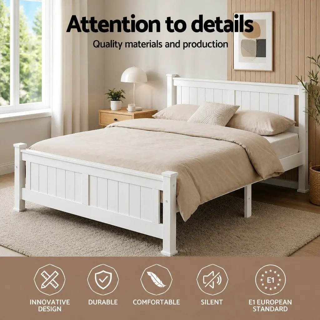 Wooden Double Bed Frame with White Finish and Slat Base