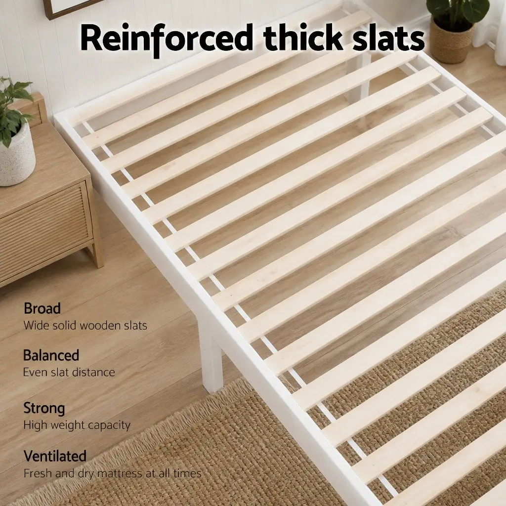 Wooden Double Bed Frame with White Finish and Slat Base