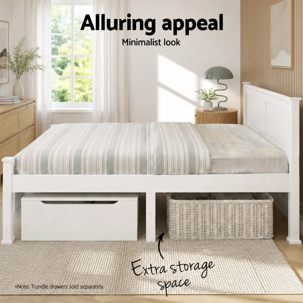 Wooden Double Bed Frame with White Finish and Slat Base