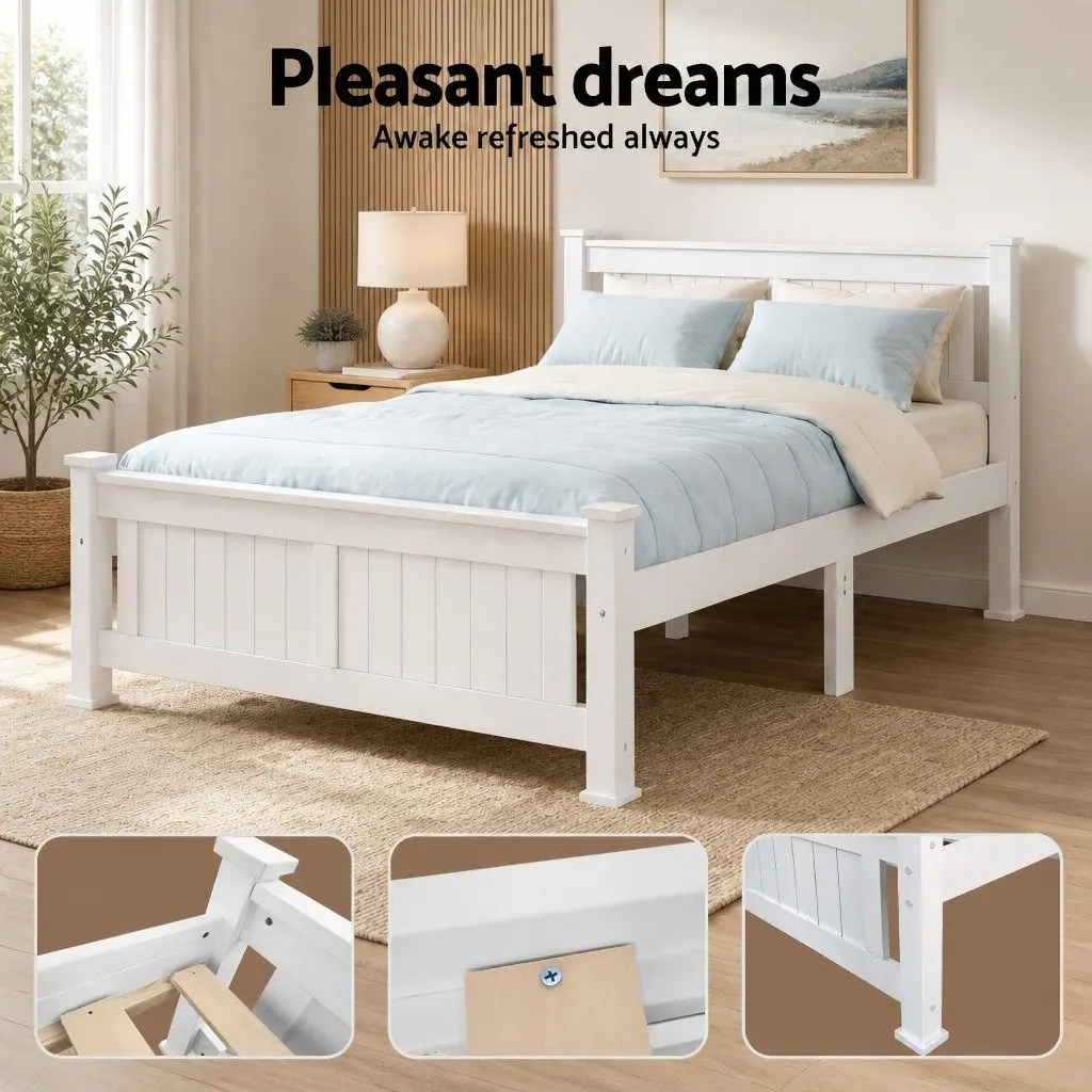 Wooden Double Bed Frame with White Finish and Slat Base
