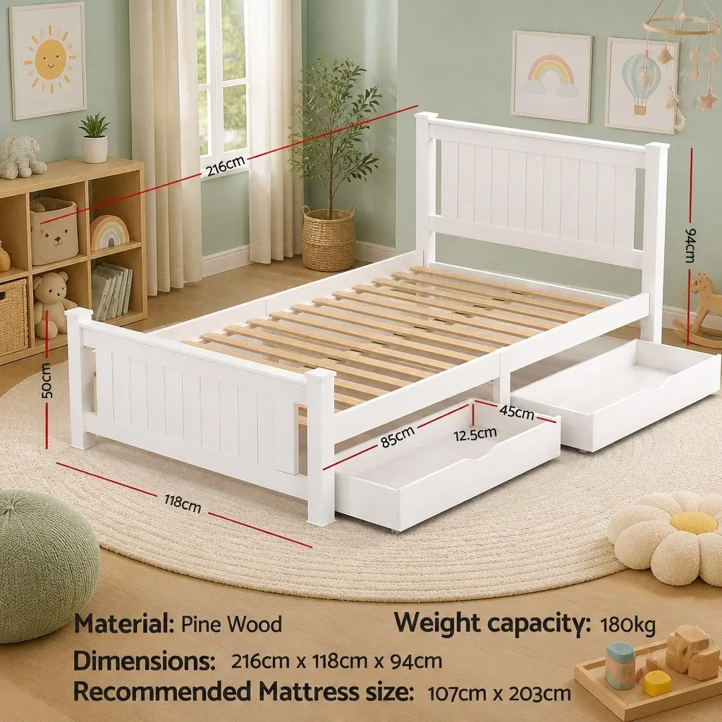 King Single Wooden Bed Frame with 2 Storage Drawers
