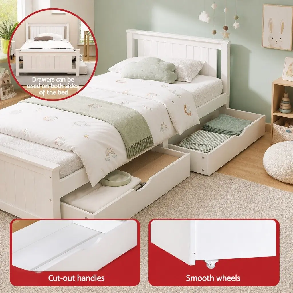 King Single Wooden Bed Frame with 2 Storage Drawers