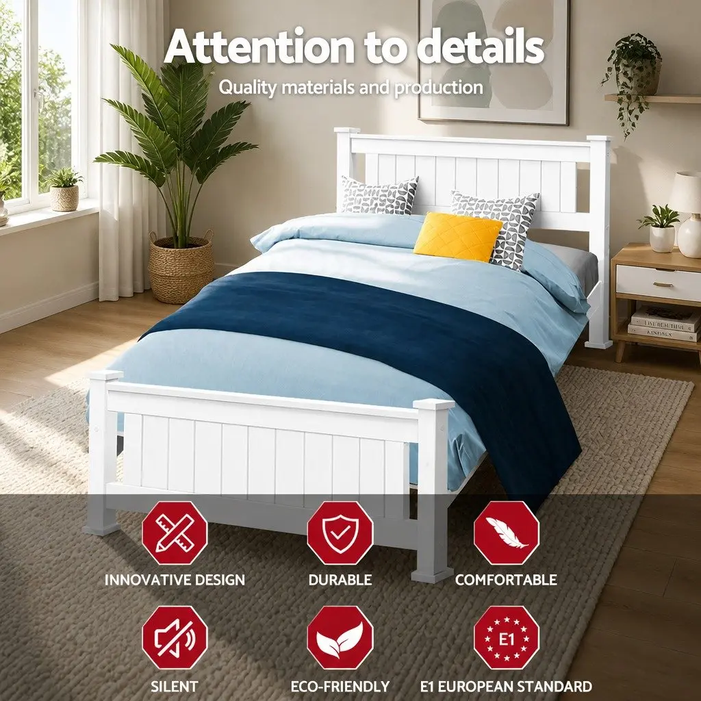 King Single Wooden Bed Frame in White