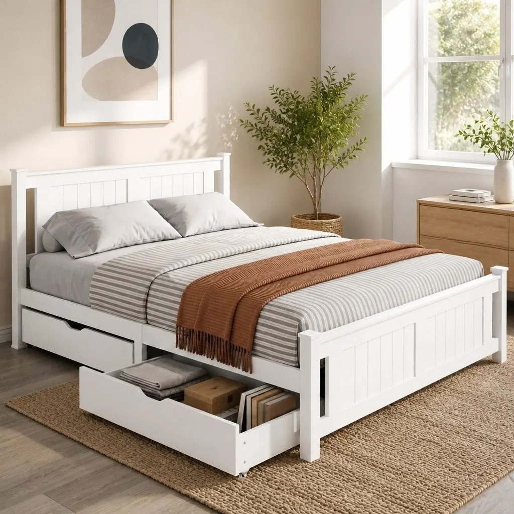 Queen Size Wooden Bed Frame with Storage Drawers in White