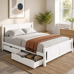 Queen Size Wooden Bed Frame with Storage Drawers in White