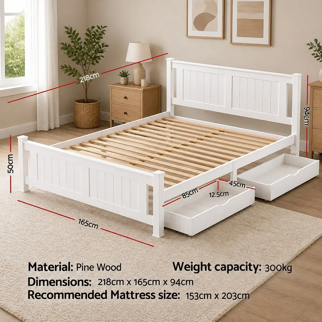 Queen Size Wooden Bed Frame with Storage Drawers in White